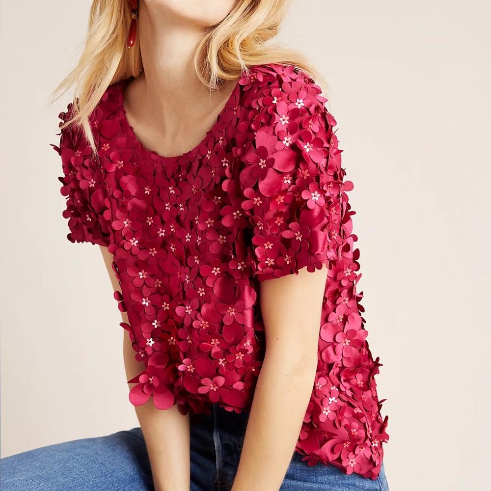 Anthropologie Varun Bahl Rosemarie Textured Floral Pink Fuschia Blouse 14